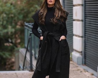 Black Hooded Long Vest – Belt & Pockets, Plus Size
