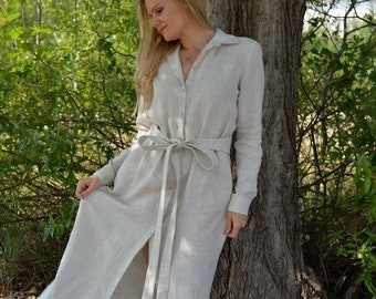 Vestido de camisa de lino, vestido de lino boho mujeres, vestido de lino largo, vestido de lino natural, vestido de lino con cinturón, ropa de talla grande, vestido de lino de verano