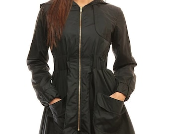 Xl Women Trench Coat Hooded, Elastic Waist Trench, Black Spring Trench Coat, Plus Size Clothing, Comfortable Trench Coat, Rain Coat