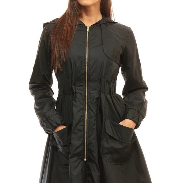 Xl pour femmes, Trench à capuche, Trench à taille élastique, Trench noir de printemps, Vêtements grande taille, Trench confortable, Manteau de pluie