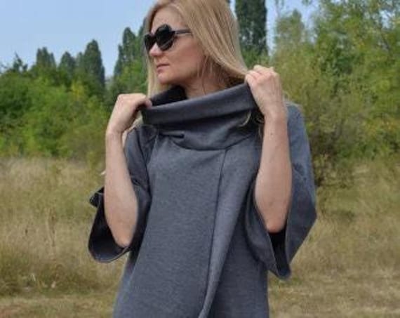 Turtleneck Sweater Dress Women, Grey Loose Sweater, Steampunk Sweater, Comfy Sweater, Grey Winter Tunic, Lounge Sweater, Plus Size Top