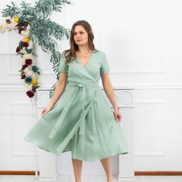 Mint Linen Midi Wrap Dress with Pockets, Summer Organic Dress, Short Sleeve Boho Dress, Plus Size Available,Linen Wrap Dress, Cocktail Dress