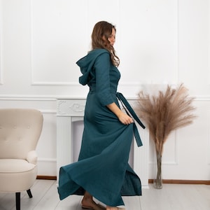 Linen Wrap Dress With Pockets, Hooded Linen Dress, Maxi Linen Dress, Summer Linen Dress, Emerald Green Linen Dress, Natural Linen Dress