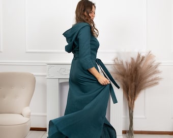 Vestido cruzado de lino con bolsillos, vestido de lino con capucha, vestido largo de lino, vestido de lino de verano, vestido de lino verde esmeralda, vestido de lino natural