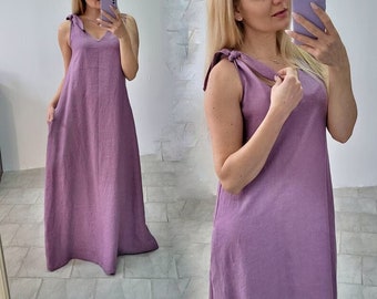 Robe en lin lavande, Robe d'été longue, Robe en lin bio, Robe en lin décontractée, Robe en lin pour femme, Robe en lin lavé