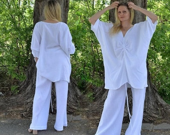 Wide Leg Pant, Summer Cotton Set For Women, White Muslin Beach Set, Muslin Relaxed Tunic & Pants, Oversized Cotton Tunic
