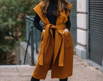 Wool Blend Sweater Vest, Winter Hooded Vest, Mustard Winter Vest With Big Pockets, Plus Size Clothing,Steampunk Vest,Avangard Vest,Long Vest