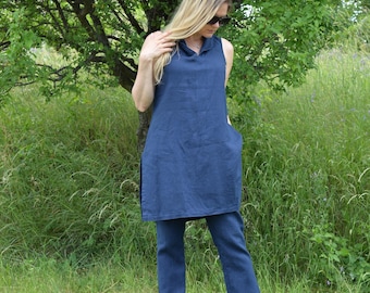 Linen Tunic Top • Sleeveless Linen Top • Side Slits Tunic • Plus Size Linen Set • Blue Summer Linen Top • V-neck Tunic • Linen Tunic Dress