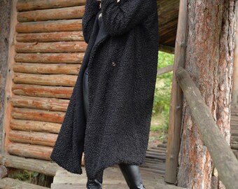 Abrigo largo de invierno con capucha, abrigo de lana para invierno, abrigo largo negro con capucha para mujer, ropa de invierno de talla grande, abrigo holgado con capucha, BGRAtelier