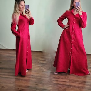 Linen Shirt Dress Women • Long Sleeves Shirt Dress • Plus Size Clothing • Relaxed Dress • Red Intense Linen Dress • Maxi Linen Dress