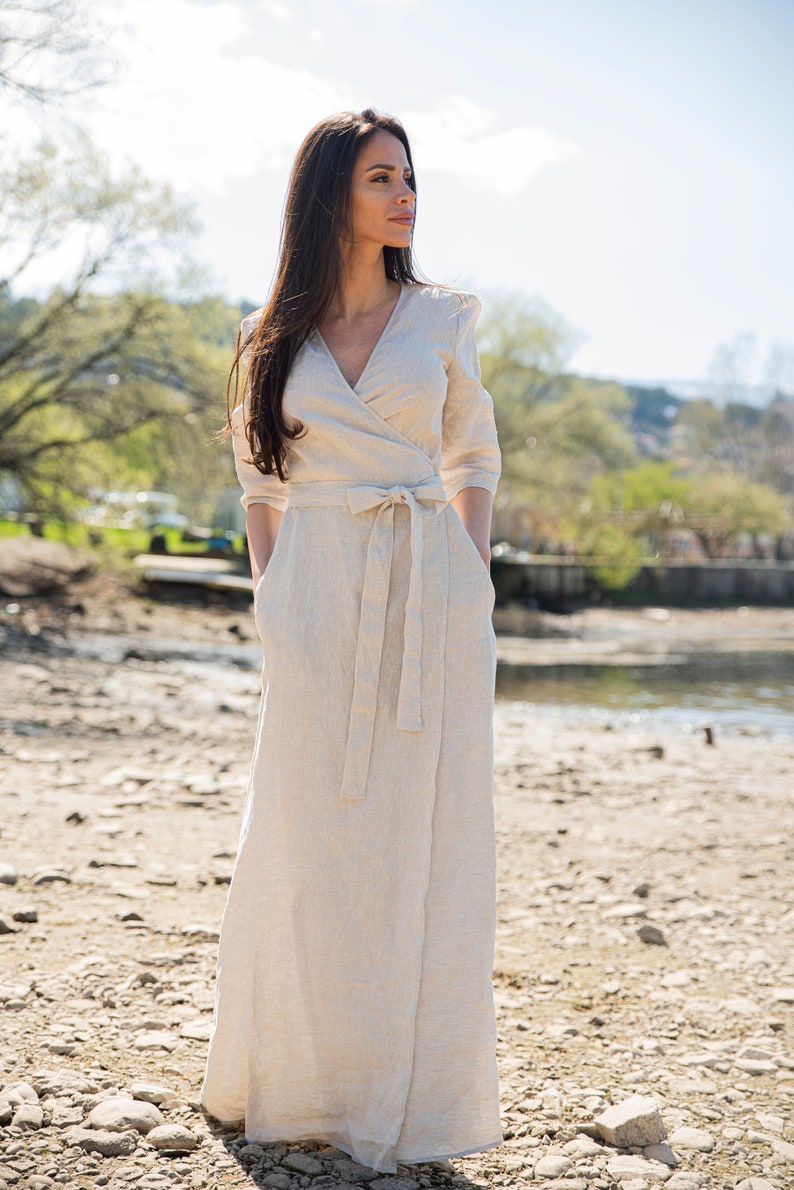 Rustic Red Stone-Washed Linen Wrap Maxi Dress main image 1