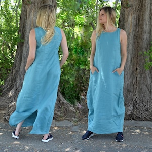 Blue Green Linen Dress | Bubble Maxi Dress | Summer Maxi Dress | Sleeveless Linen Maxi Dress | Plus Size Linen Clothing | BGRAtelier