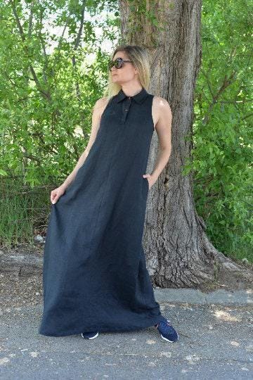 Linen Shirt Dress in Black for Women, Linen Maxi Dress, Sleeveless Maxi  Dress, Collared Linen Beach Dress, Minimalist Black Dress - Etsy