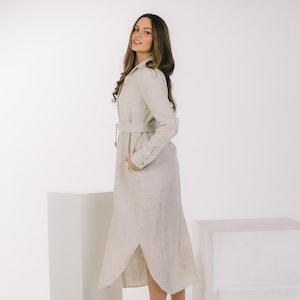 Collared Linen Dress With Pockets,  Maxi Linen Shirt Dress, Long Sleeves Linen Dress, Plus Size Clothing, Summer Linen With Belt