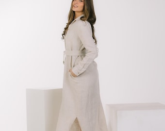 Women's Collared Maxi Linen Shirt Dress For Summer: Long Sleeves & Pockets, Plus Size XS–4XL