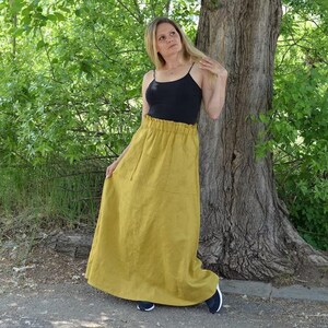 Linen Maxi Skirt Women • Elastic Waist Linen Skirt With Pockets • Plus Size Clothing • Linen Boho Skirt • Mustard Linen Skirt • Summer skirt