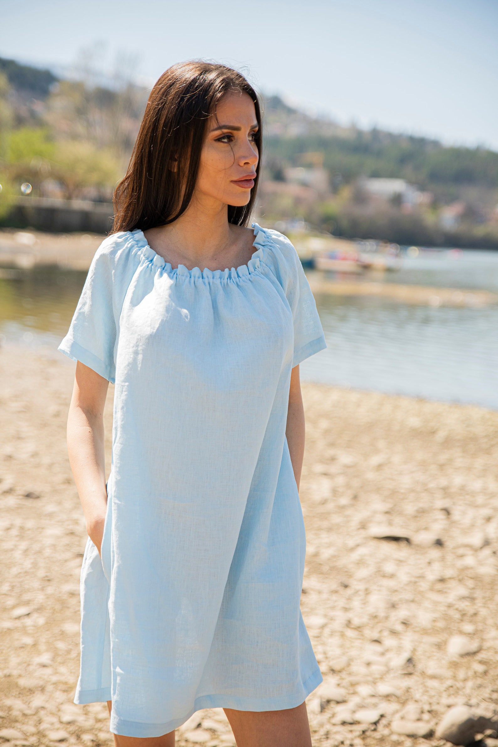 Loose Linen Dress Light Blue Dress Washed Linen Dress Mini | Etsy