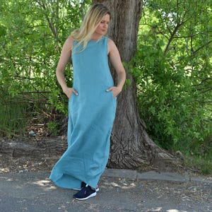 Loose Linen Dress • Turquoise Linen Dress • Washed Linen Turquoise Maxi Dress • Sleeveless Comfortable Linen Dress • Gift For Mom