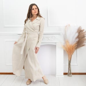Natural Linen Dress with Lapel Collar, Linen Wrap Dress, Long Linen Dress, Summer Linen Dress, Boho Linen Dress, Maxi Linen Dress