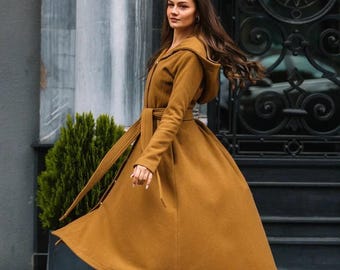 Camel Coat Women, Hooded Maxi Coat For Women, Winter Outwear, Plus Size Winter Clothing, Princes Single Breast Coat