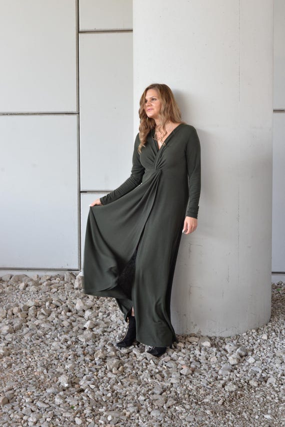 Dress In Fine Knit, Military Knit Dress,Gothic Wedding Dress, Wrap Knit  Dress, Fall Dress, Long Sleeves V Neck Dress, ,Christmas Eve Dress