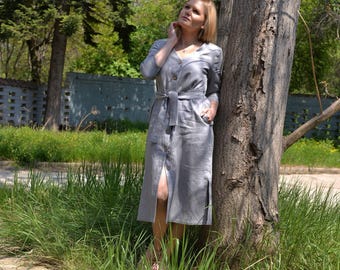 Botton Down Dress, Pure Linen Dress, Plus Shift Dress, Linen V Neck Dress, Grey Linen Dress, Midi Linen Dress, ANA Dress