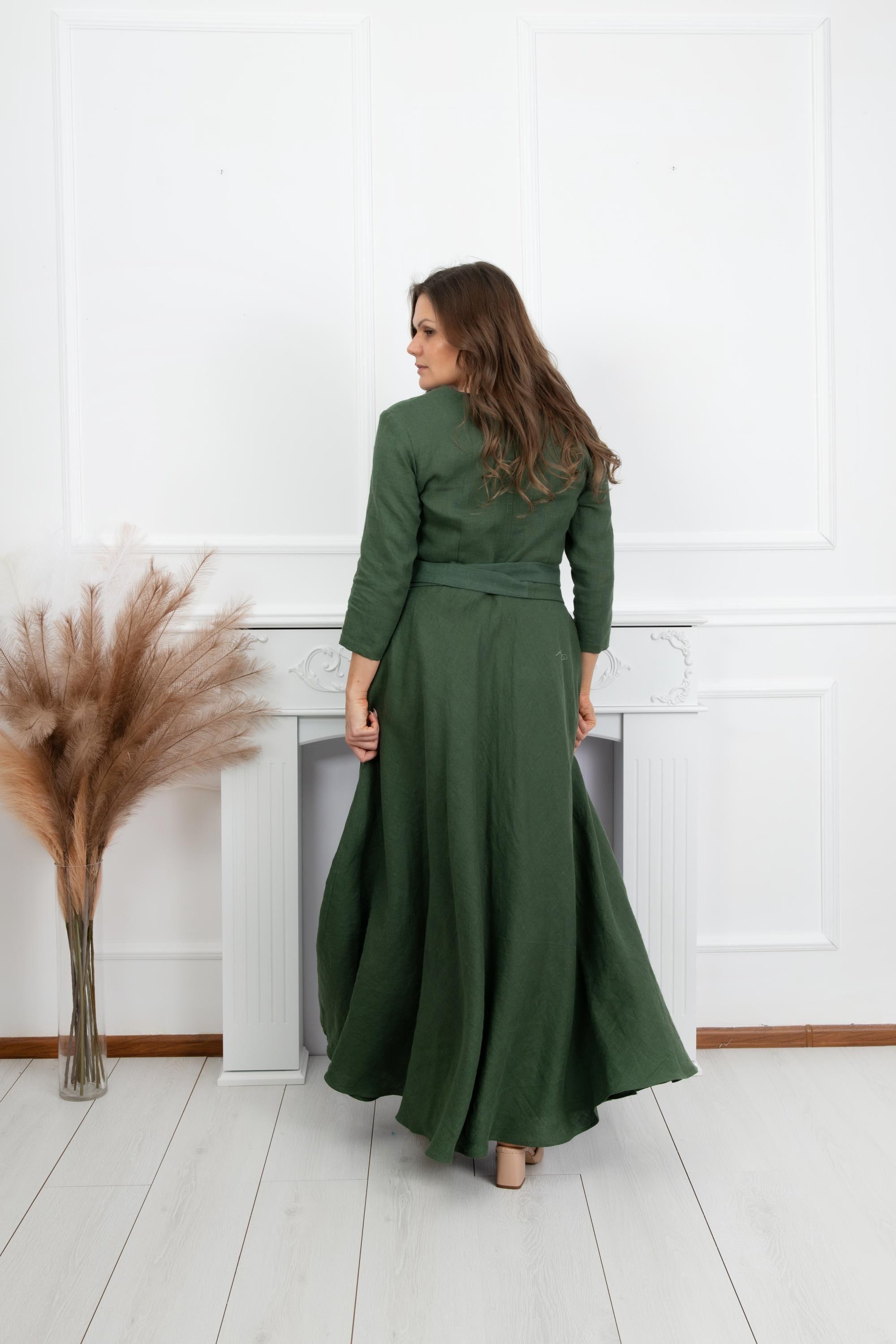 belted military dress in basket weave linen Military Green Linen Maxi Dress, Long Sleeve, Belted, Pockets, Flowy Style, Plus Size XS-4XL