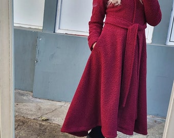 Maxi Winter Coat For Women, Winter Wool Coat,  Winter Outwear, Bordeaux Hooded, Plus Size Winter Clothing, Princes Single Breast Coat