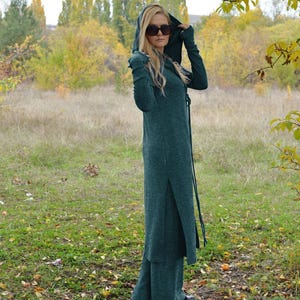 Long Hooded Cardigan • Hooded Sweatsuit • Sweater Vest and Pants • Green Knitted Hooded Cardigan • Comfy Wide Leg Pants • Plus Size Clothing