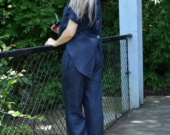 Wide Leg Pants Set,  Linen Set Women, Dark Blue Linen Set,  Plus Size Clothing, Blouse With Bottoms, Asymmetric Linen Set,  Summer Linen Set