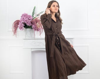 Brown Linen Shirt Dress, Linen Shirt Dress for Women, Long Sleeve Boho Dress, Long Button Down Dress, Collared Linen Dress With Pockets