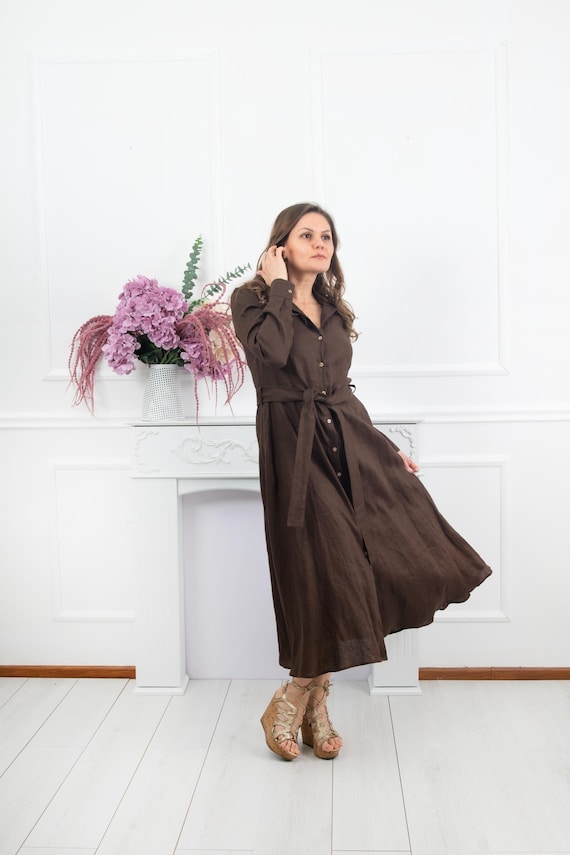brown linen shirt dress Copper Women's Linen blend Shirt Dress main image 0