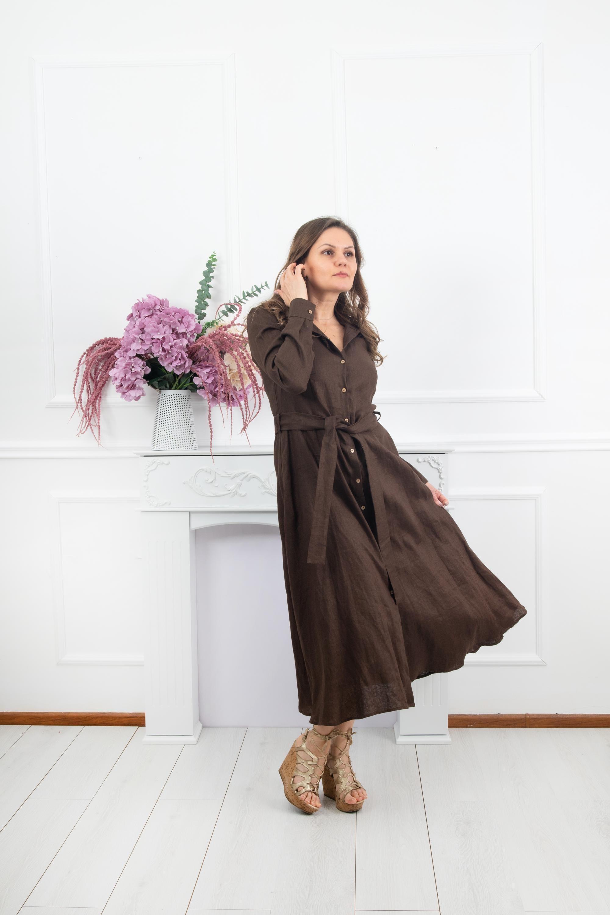 long brown shirt dress Vintage Brown Button-front Dress | Romantic Long Sleeve Midi | Soft Fabric, Cottagecore Charm