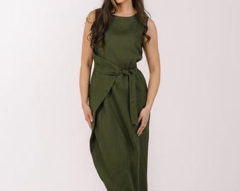 Military Green Convertible Linen Maxi Dress for Women – Japanese Style Wrap Dress with Pockets, Sleeveless Plus Size Kaftan