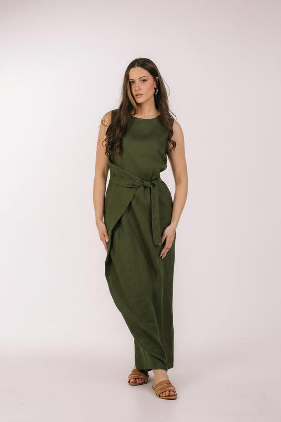 army green wrap dress Military Green Convertible Linen Maxi Dress for Women – Japanese Style Wrap  Dress with Pockets, Sleeveless Plus Size Kaftan