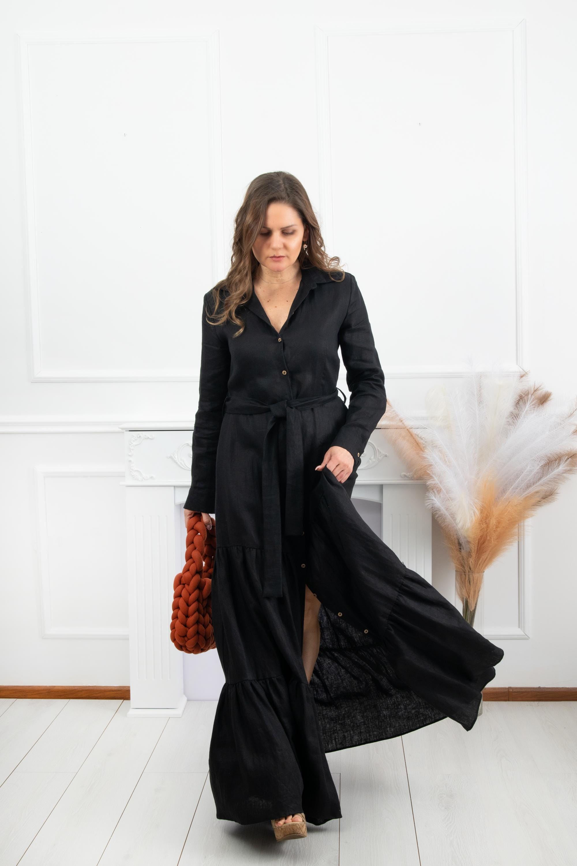 Black Linen Maxi Shirt Dress, Long Sleeve Tiered Belted Dress, Spring  Summer Gown - Etsy