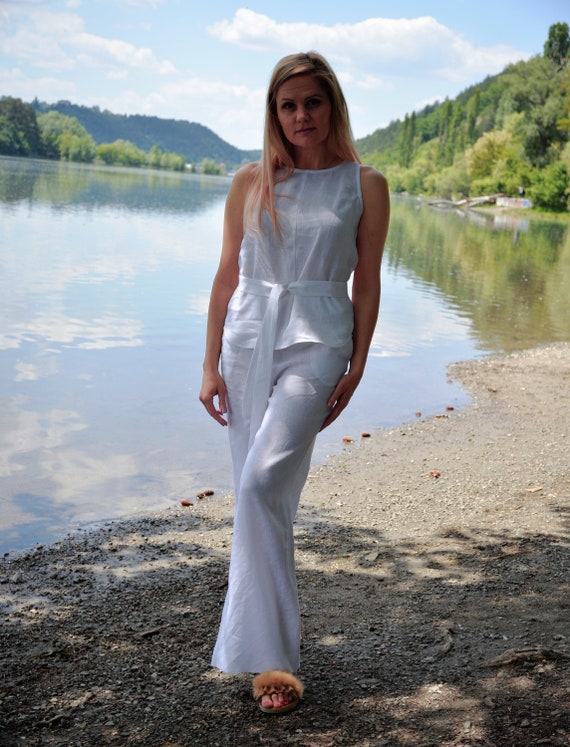 Pantalon en lin a jambes larges Pantalons en lin femmes Pantalons en lin lave Pantalons en lin dete blanc Pantalons avec ceinture et poches Etsy Canada