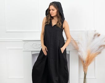 Black Linen Dress, Hooded Linen Dress, Linen Balloon Dress, Oversized Linen Dress, Linen Maxi Dress Women, Sleeveless Linen Dress For Summer