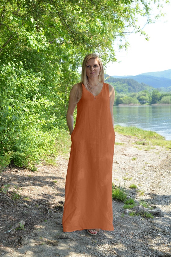 【Papier】Linnen gown/orange Lydia Maxi Dress with Slip in Fluorescent Orange Aloe Linen