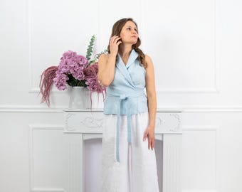 Light Blue Linen Top, Linen Wrap Top, Shawl Collar Blouse, Sleeveless Linen Top, Summer Blouse, Slightly Tailored Fit, Boho Linen Clothing