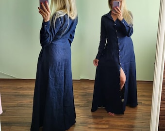 Vestidos de lino para mujer, Vestido camisero de manga larga, Ropa de talla grande, Vestido holgado, Vestido de lino azul oscuro, Vestido largo de lino