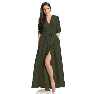 Maxi Linen Dress For Women, Linen Wrap Dress,  Washed Linen Dress, Boho Wedding Linen Dress, Summer Linen Dress, Military Linen Dress