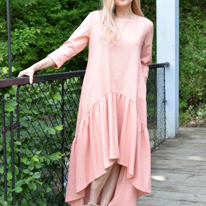 Maxi Linen Dress, Interesting Dress, Asymmetric Loose Maxi Dress, Linen Viscose Dress, Casual Comfy 4/3 Sleeve Dress