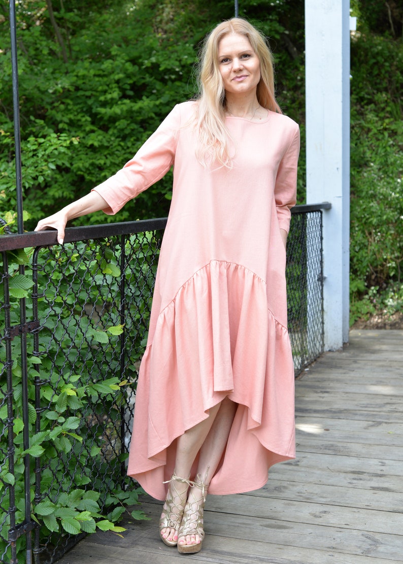 Maxi Linen Dress, Interesting Dress, Asymmetric Loose Maxi Dress, Linen Viscose Dress, Casual Comfy 4/3 Sleeve Dress