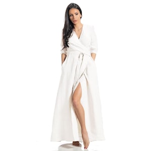 Frauen Weißes Leinen Wickelkleid : Plus Größe 3/4 Ärmel