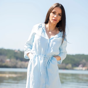 Linen Shirt Dress, Light Blue Summer Linen Dress, Hooded Shirt Dress, Plus Size Clothing, Above The Knee Dress, Linen Dresses For Women