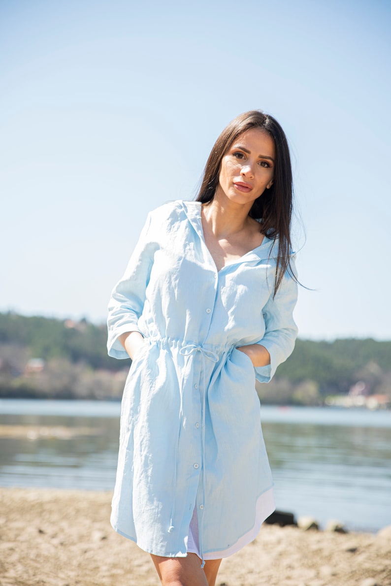 Linen Shirt Dress, Light Blue Summer Linen Dress, Hooded Shirt Dress, Plus Size Clothing, Above The Knee Dress, Linen Dresses For Women