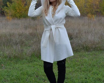 Wool Sweater Vest, Winter Hooded Vest, Cream Winter Vest With Belt, Plus Size Clothing, Steampunk Vest, Avangard Vest