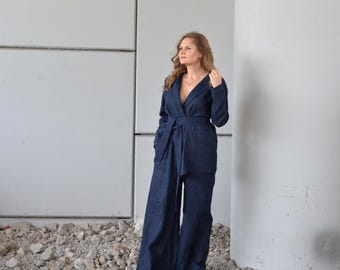 Heavy Weight Linen Set, Two-piece Linen Set, Dark Blue Wrap Linen Set, Plus Size Clothing, Shawl Collar Linnen Jacket, Autumn Linen Set