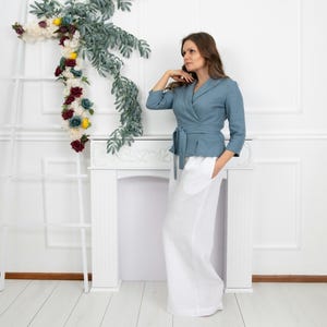 Blue Linen Top, Elegant Linen Tunic Top, Linen Clothing for Women, Summer Wrap Blouse, Summer Linen Wrap Shirt, Linen Shall Collar Top